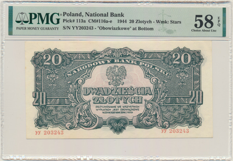 20 złotych 1944 ...owe - YY - PMG 58 EPQ &nbsp; Odmiana z klauzulą 'obowiązkowe'...