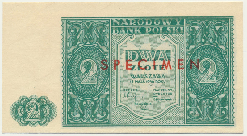 2 złote 1946 - SPECIMEN - &nbsp; Wariant wzoru bez czerwonych przekreśleń i nadr...