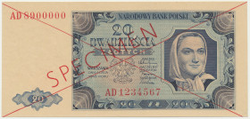 20 złotych 1948 - SPECIMEN - AD 890000/12314567 -