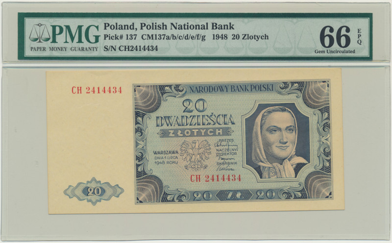 20 złotych 1948 - CH - PMG 66 EPQ &nbsp; Rzadszy wariant.&nbsp; Banknot w slabie...