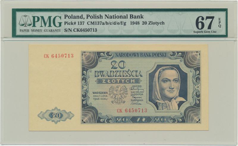 20 złotych 1948 - CK - PMG 67 EPQ &nbsp; Rzadka odmiana w konkursowym stanie zac...