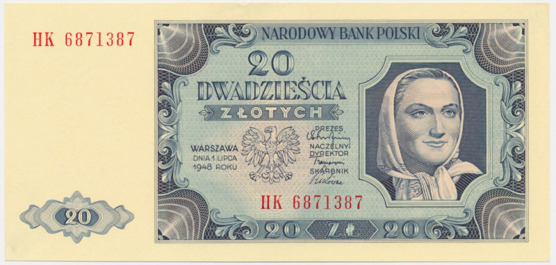 20 złotych 1948 - HK - &nbsp; Drobne zagniecenie na górnym marginesie.&nbsp; Atr...