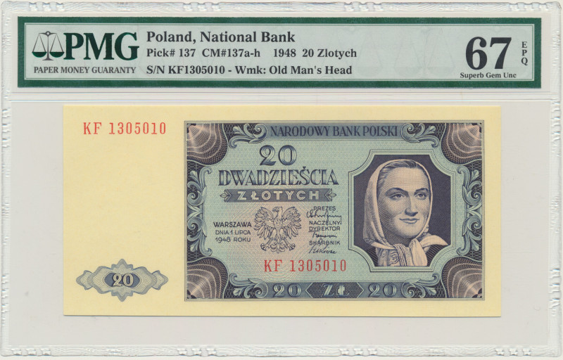 20 złotych 1948 - KF - PMG 67 EPQ &nbsp; Lepsza seria nie pochodząca z zapasów b...