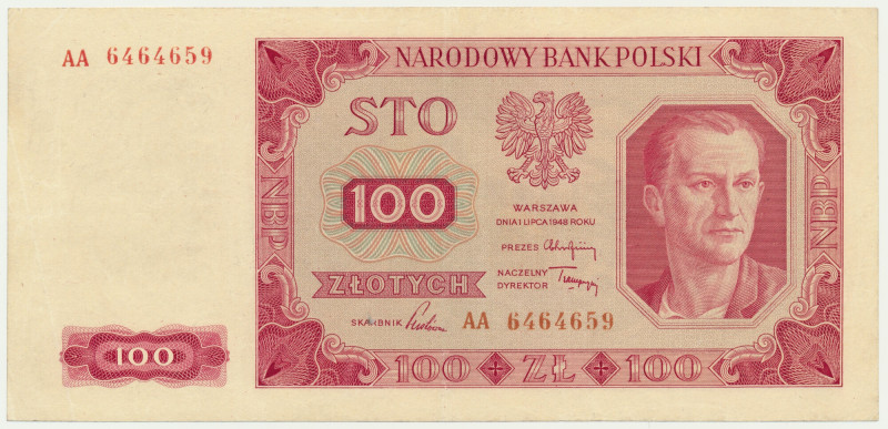 100 złotych 1948 - AA - bardzo rzadka seria &nbsp; Bardzo rzadka i poszukiwana s...