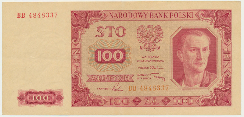 100 złotych 1948 - BB - rzadka seria &nbsp; Rzadsza, wczesna seria.&nbsp; Druk n...