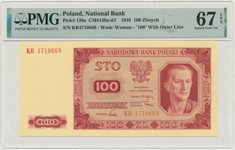 100 złotych 1948 - KR - PMG 67 EPQ &nbsp; Seria z zapasów bankowych.&nbsp; Bankn...