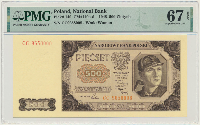 500 złotych 1948 - CC - PMG 67 EPQ &nbsp; Emisyjny stan zachowania. Znakomity ba...