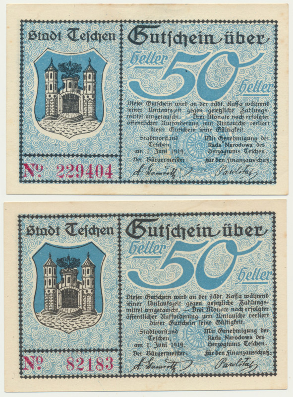 Cieszyn, 2 x 50 halerzy 1919 Reference: Podczaski G-070.B
Grade: AU 

NOTGELD...