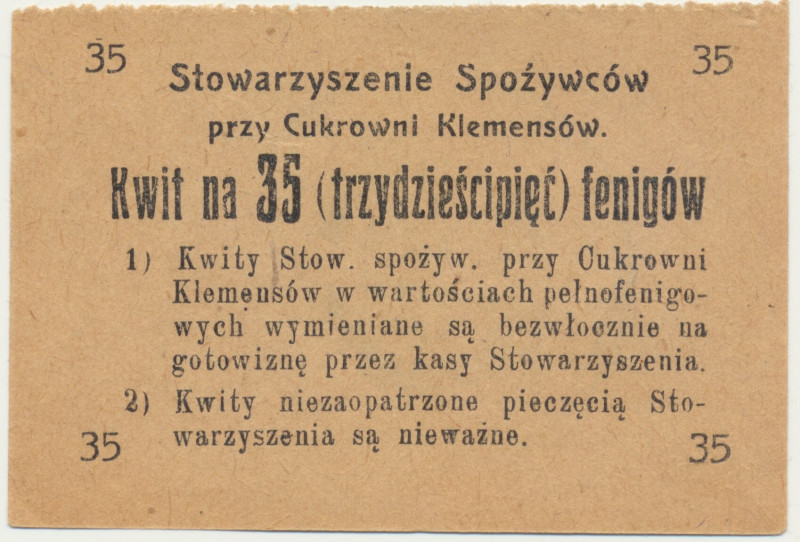 Klemensów, 35 fenigów Reference: Podczaski R-132.4.a
Grade: AU 

NOTGELDS | E...