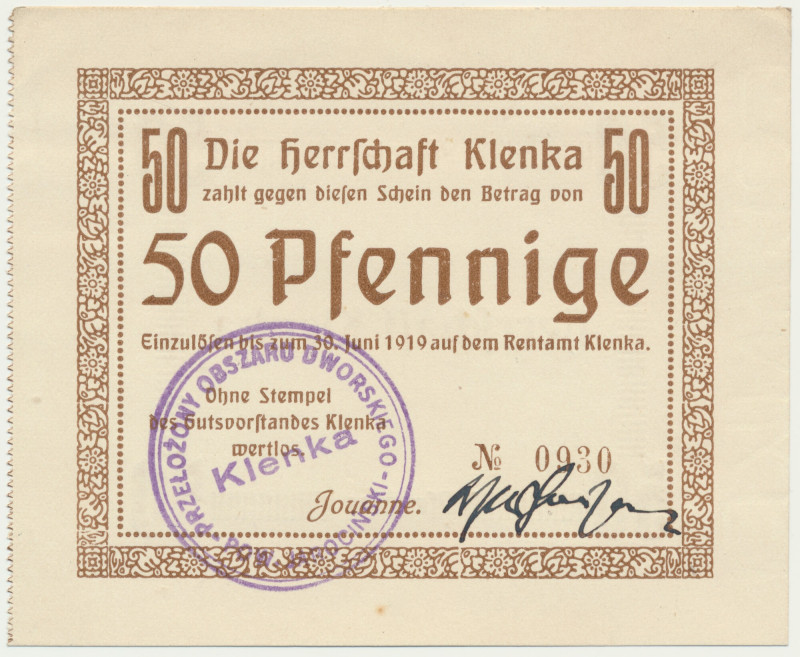 Klęka (Klenka), 50 fenigów 1919 - stempel B &nbsp; Odmiana ze stemplem B i odręc...