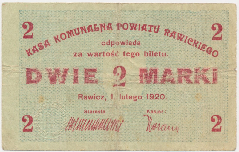 Rawicz, 2 marki 1920 &nbsp; Odmiana z poddrukiem niebieskozielonym. Reference: P...