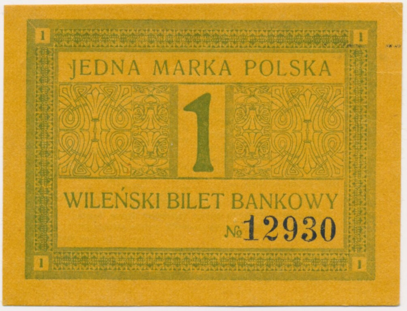 Wilno, Wileński Bilet Bankowy, 1 marka 1920 - PIĘKNY &nbsp; Banknot zastępczy da...