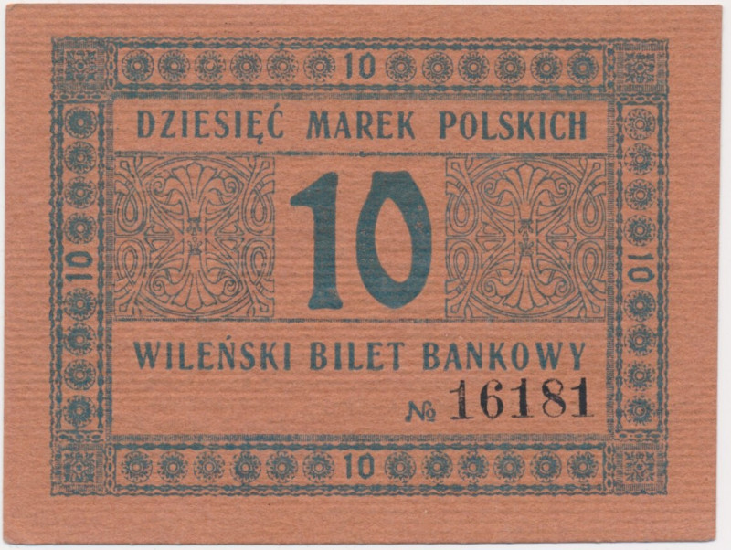 Wilno, Wileński Bilet Bankowy, 10 marek 1920 - PIĘKNY &nbsp; Banknot zastępczy d...