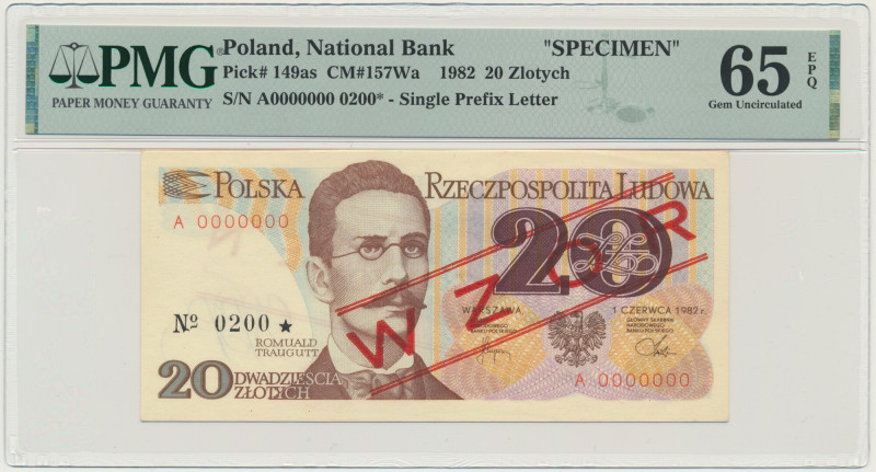 20 złotych 1982 - WZÓR - A 0000000 - No.0200 - PMG 65 EPQ &nbsp; Ładny numer dod...