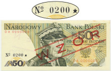 50 złotych 1982 - WZÓR - DA 0000000 - No.0200 - RZADSZY - okrągły numer wzoru