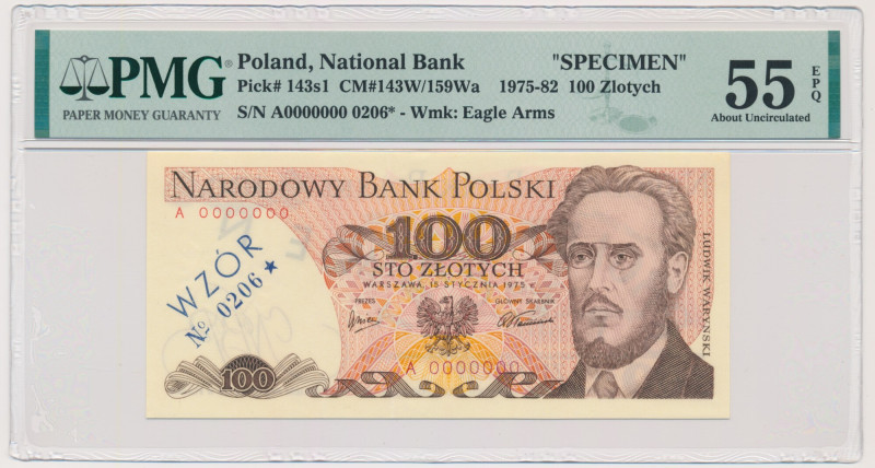 100 złotych 1975 - WZÓR - A 0000000 - No.0206 - PMG 55 EPQ - RZADKOŚĆ &nbsp; Jed...