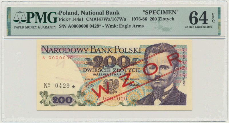 200 złotych 1976 - WZÓR - A 0000000 - No.0429 - PMG 64 EPQ &nbsp; Banknot w slab...