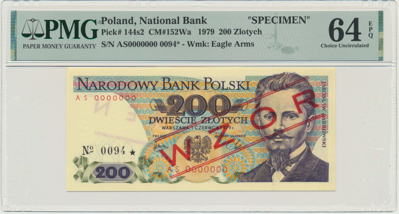200 złotych 1979 - WZÓR - AS 0000000 - No.0094 - PMG 64 EPQ &nbsp; Banknot w sla...