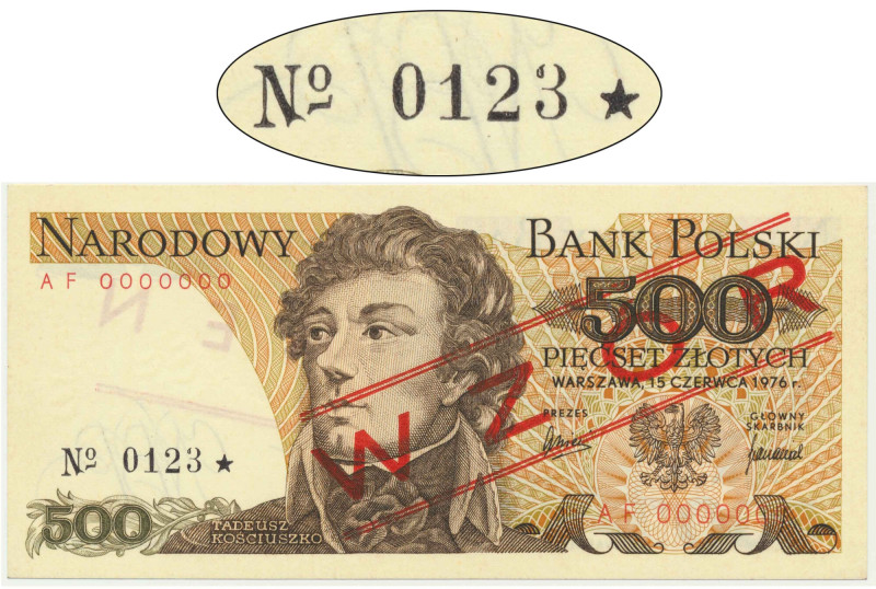 500 złotych 1976 - WZÓR - AF 0000000 - No.0123 - &nbsp; Wariant wzoru z czerwony...