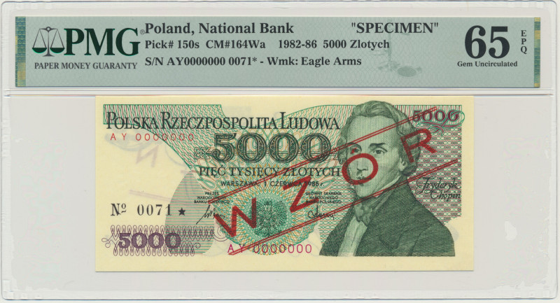 5.000 złotych 1986 - WZÓR - AY 0000000 - No.0071 - PMG 65 EPQ &nbsp; Błędnie pod...