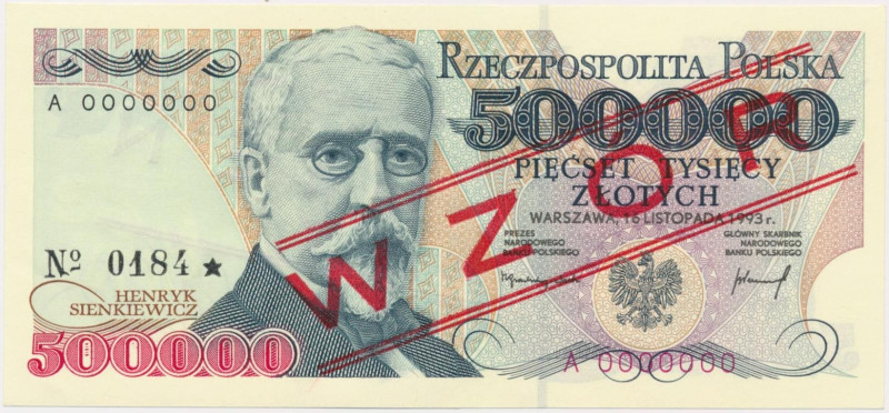 500.000 złotych 1993 - WZÓR - A 0000000 - No. 0184 - &nbsp; Wyśmienity egzemplar...