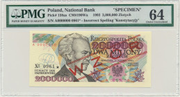 2 miliony złotych 1992 - WZÓR - A 0000000 - No.0961 - z błędem 'Konstytucyjy' - PMG 64