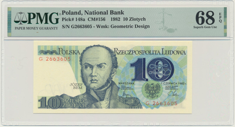 10 złotych 1982 - G - PMG 68 EPQ &nbsp; Odmiana jednoliterowa.&nbsp; Banknot w s...