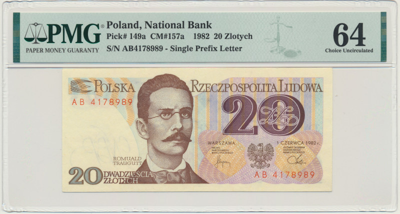 20 złotych 1982 - AB - PMG 64 &nbsp; Seria dwuliterowy.&nbsp; Banknot w slabie P...