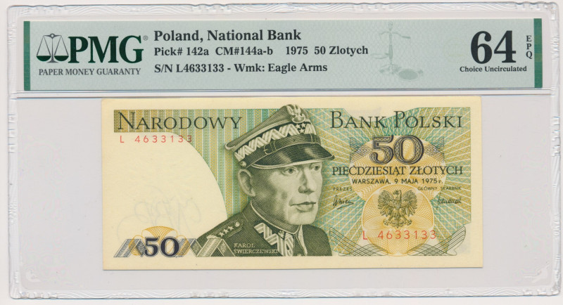 50 złotych 1975 - L - PMG 64 EPQ &nbsp; Odmiana jednoliterowa. Seria nie pochodz...
