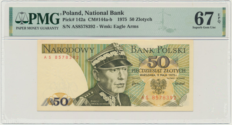 50 złotych 1975 - AS - PMG 67 EPQ &nbsp; Rzadsza seria.&nbsp; Banknot w slabie P...