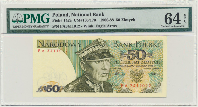 50 złotych 1986 - FA - PMG 64 EPQ &nbsp; Rzadsza seria. Banknot w slabie PMG z o...