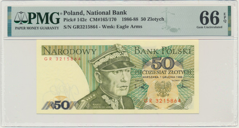 50 złotych 1988 - GR - PMG 66 EPQ &nbsp; Banknot w slabie PMG z oceną PMG 66 EPQ...