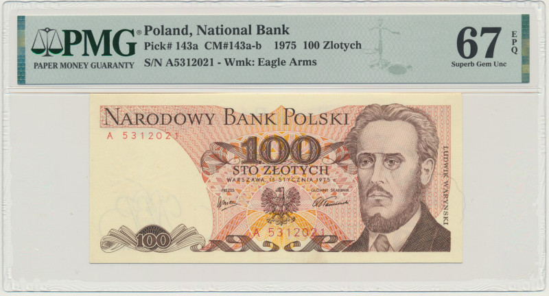 100 złotych 1975 - A - PMG 67 EPQ &nbsp; Rzadsza, poszukiwana seria A.&nbsp; Ban...
