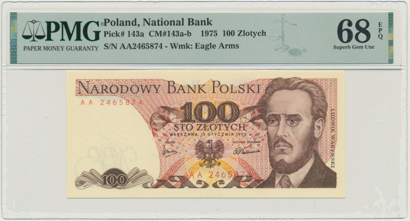 100 złotych 1975 - AA - PMG 68 EPQ &nbsp; Rzadsza seria AA.&nbsp; Pięknie zachow...