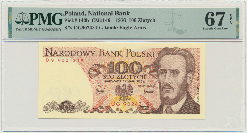 100 złotych 1976 - DG - PMG 67 EPQ &nbsp; Lepsza seria. Banknot w slabie PMG z o...