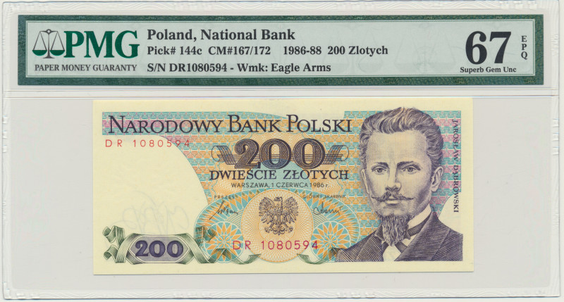 200 złotych 1986 - DR - PMG 67 EPQ &nbsp; Banknot w slabie PMG z oceną PMG 67 EP...