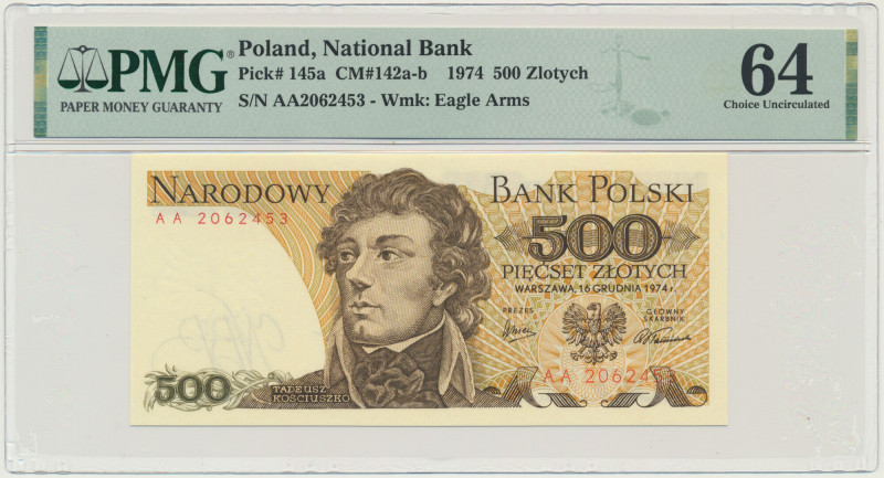 500 złotych 1974 - AA - PMG 64 &nbsp; Lubiana i poszukiwana seria AA.&nbsp; Bank...