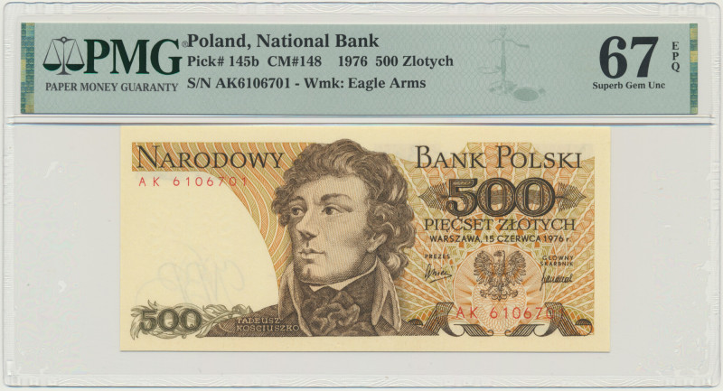 500 złotych 1976 - AK - PMG 67 EPQ &nbsp; Wariant dwuliterowy.&nbsp; Banknot w s...