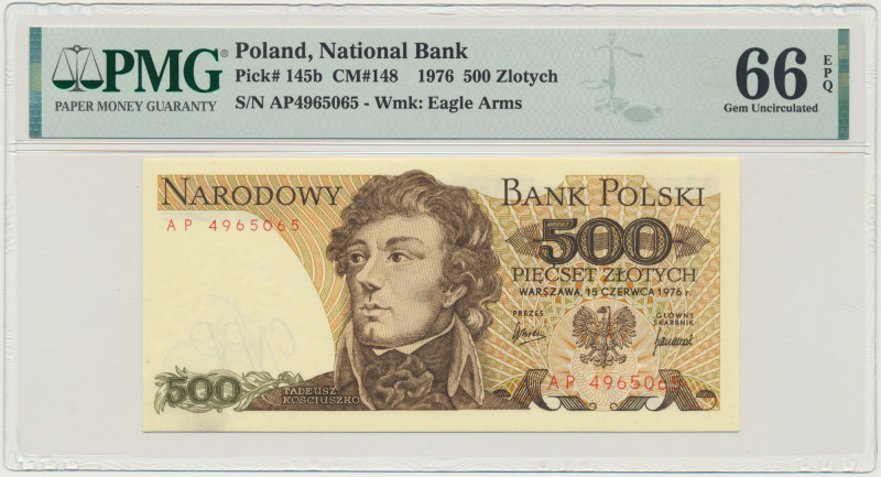 500 złotych 1976 - AP - PMG 66 EPQ &nbsp; Wariant dwuliterowy.&nbsp; Banknot w s...