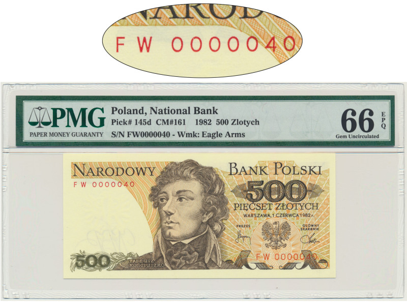 500 złotych 1982 - FW - PMG 66 EPQ - niski numer seryjny &nbsp;&nbsp; Niski, dwu...