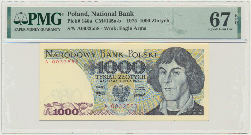 1.000 złotych 1975 - A - PMG 67 EPQ &nbsp; Rzadka i poszukiwana pierwsza seria A...