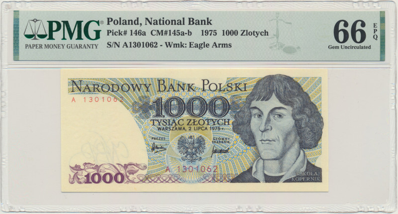 1.000 złotych 1975 - A - PMG 66 EPQ &nbsp; Poszukiwana pierwsza seria A.&nbsp; B...