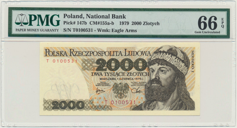 2.000 złotych 1979 - T - PMG 66 EPQ &nbsp; Wariant jednoliterowy.&nbsp; Banknot ...