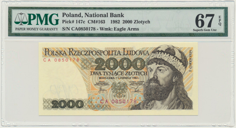 2.000 złotych 1982 - CA - PMG 67 EPQ &nbsp; Pięknie zachowany banknot z drugą na...