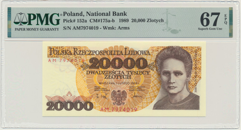 20.000 złotych 1989 - AM - PMG 67 EPQ &nbsp; Wariant dwuliterowy.&nbsp; Banknot ...