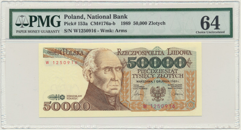 50.000 złotych 1989 - W - PMG 64 &nbsp; Odmiana jednoliterowa.&nbsp; Lepsza seri...