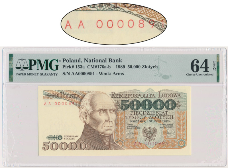 50.000 złotych 1989 - AA 0000891 - PMG 64 EPQ - niski numer seryjny &nbsp; Pierw...