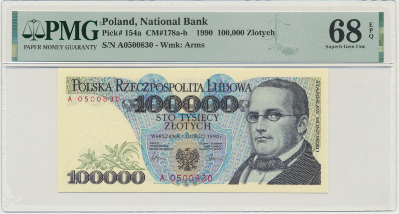 100.000 złotych 1990 - A - PMG 68 EPQ - pierwsza seria &nbsp; Wariant jednoliter...