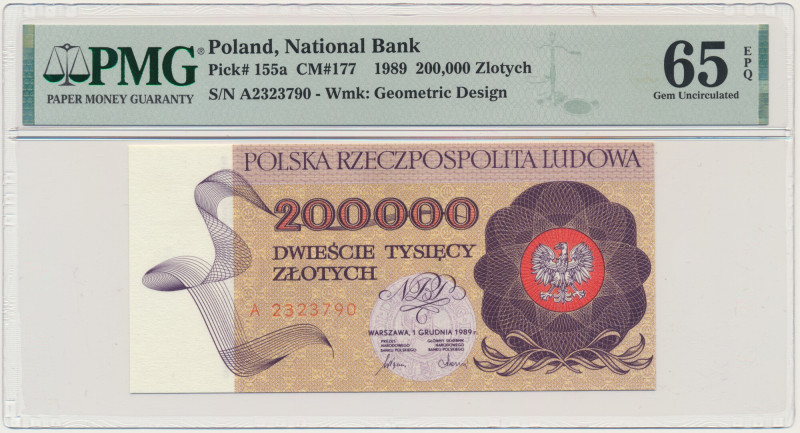 200.000 złotych 1989 - A - PMG 65 EPQ - pierwsza seria &nbsp; Lubiana pierwsza s...