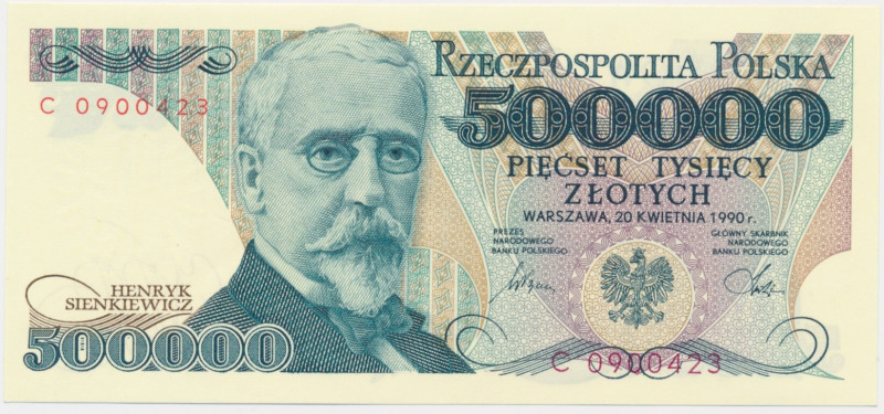 500.000 złotych 1990 - C - &nbsp; Lepsza seria.&nbsp; Odkształcenia papieru, imi...